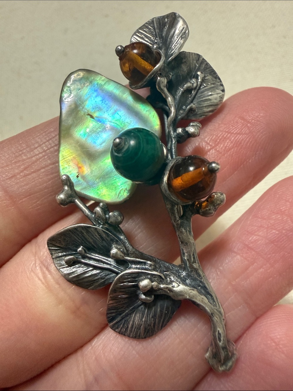 Sterling Silver Botanical Brooch W/Abalone & Accents of Amber & Malachite Stone - Picture 1 of 12